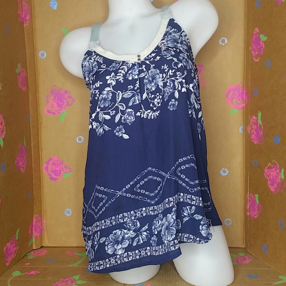 Rewind Navy Blue Floral Print Blouse Tank Size M - Picture 2 of 8
